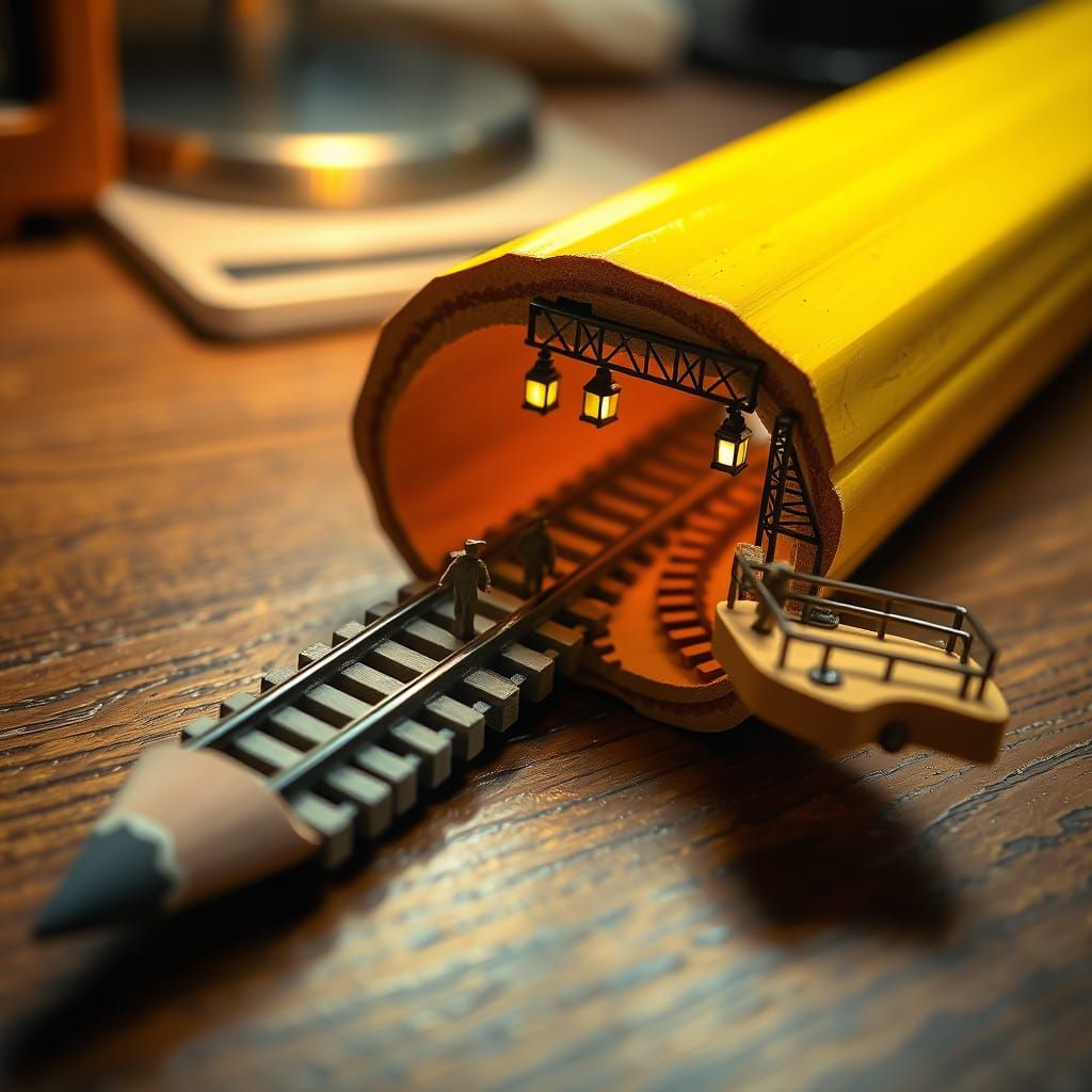 Miniature Train Station Inside a Pencil