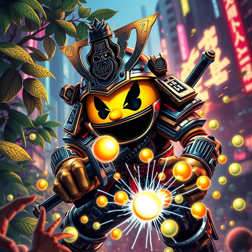 Cyberpunk Samurai Pac-Man in High-Octane Action