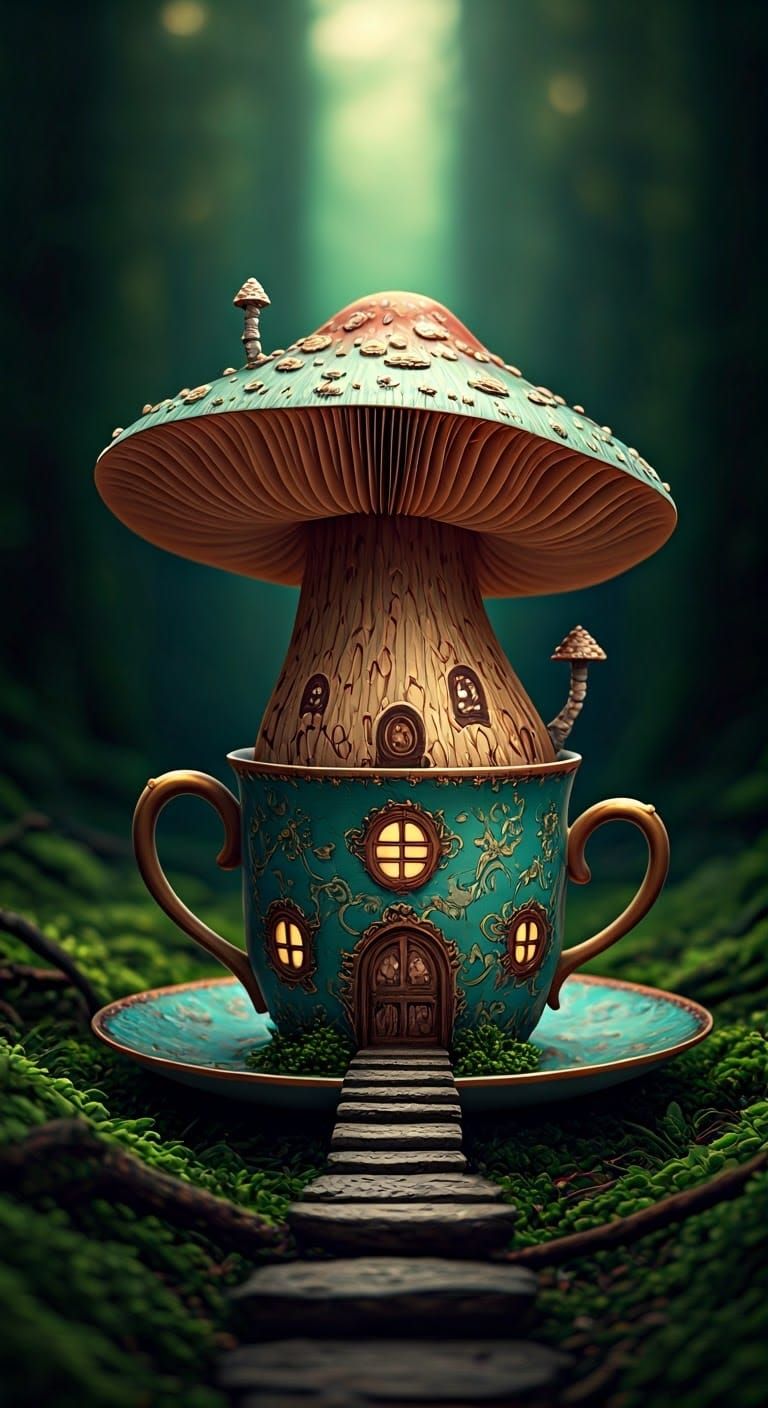 Whimsical Teacup Mushroom House in Lush Forest