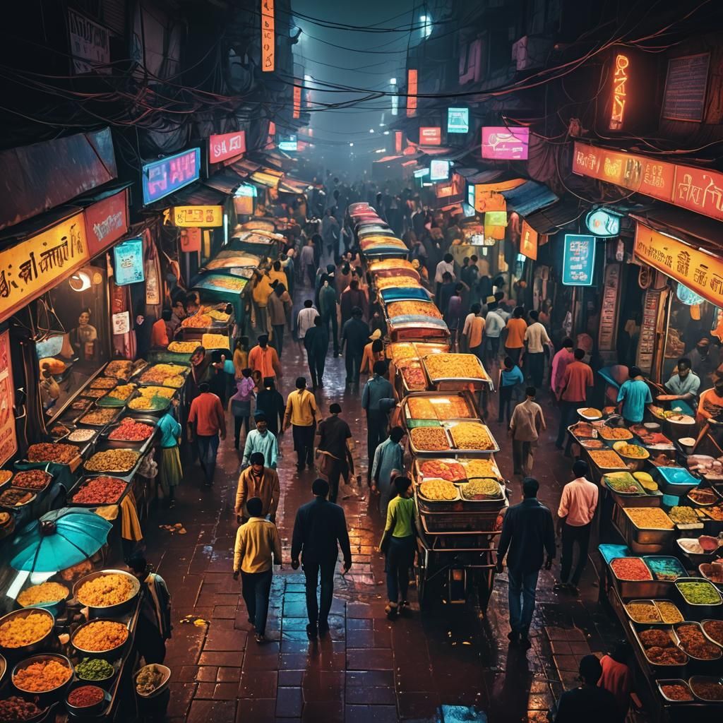 Neon-Lit Delhi Night Market in Cyberpunk Style