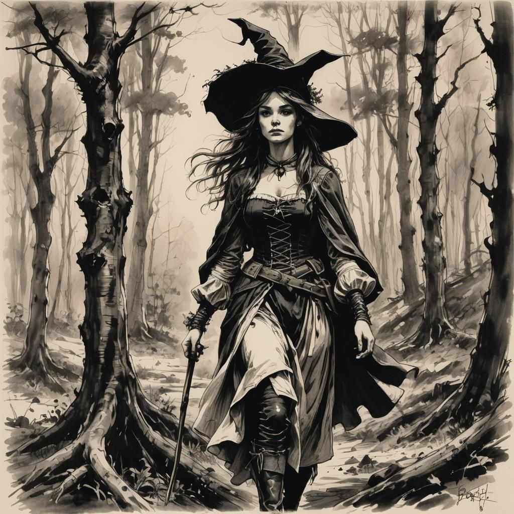 Vintage Ink Witch in Forest Clearing Sketch