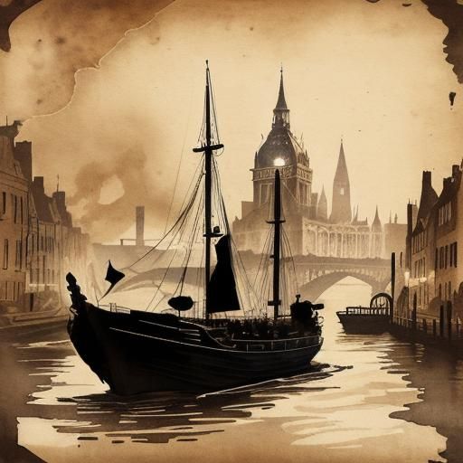 Steampunk Boat on Thames in Ink Painting Style