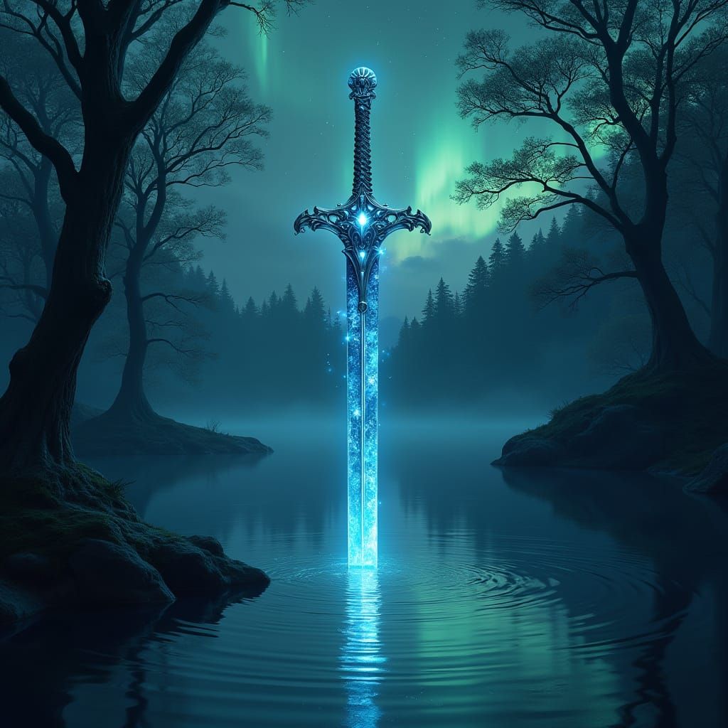 Ethereal Night Lake with Shimmering Sword