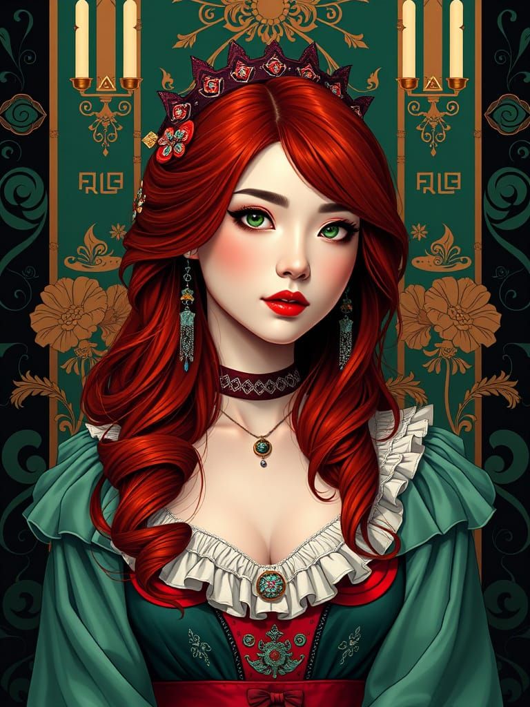 Gothic Princess with Red Hair and Green Eyes