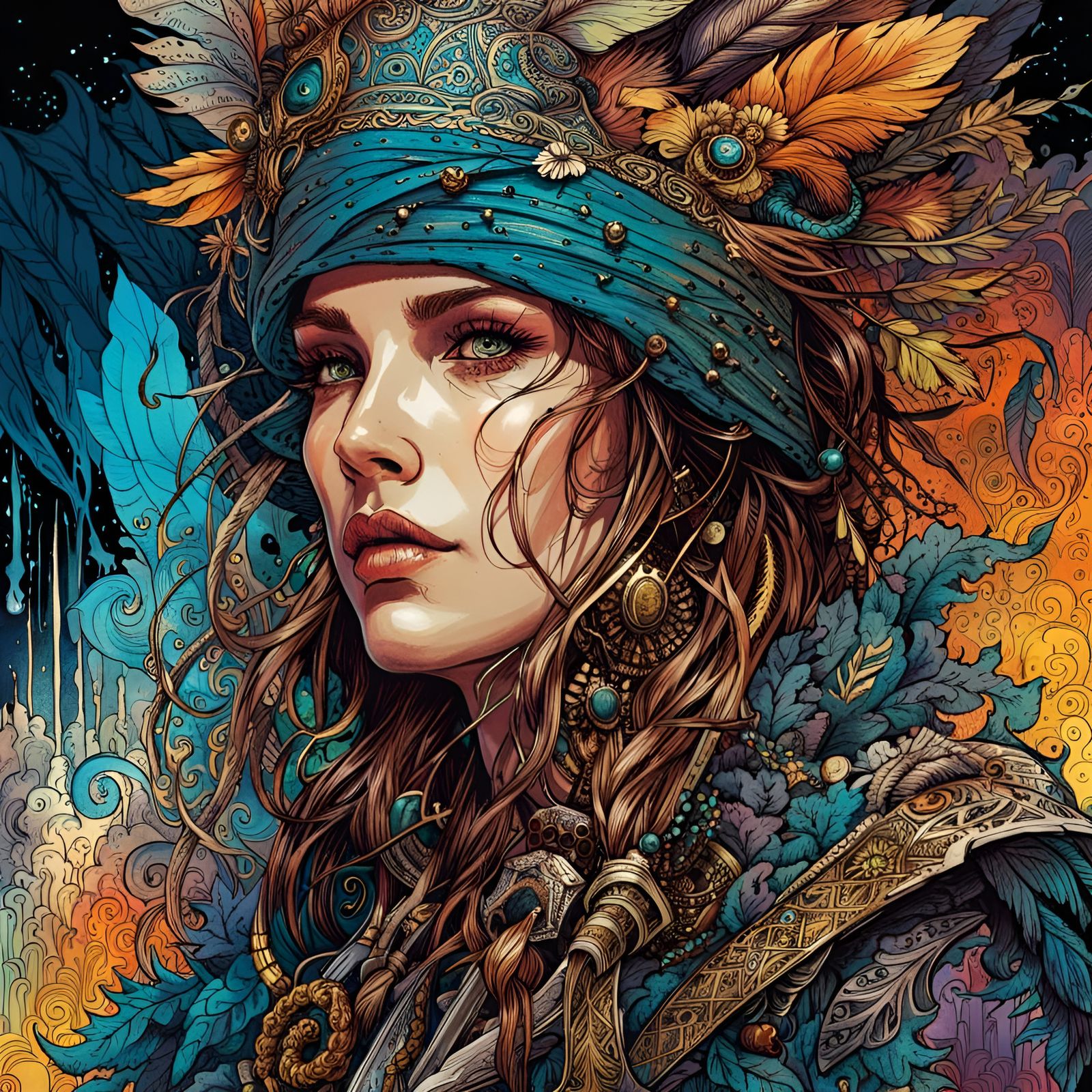 Fantasy Adventurer in Intricate Line Art Style