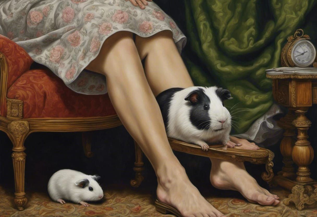 guinea pigs near a woman's feet