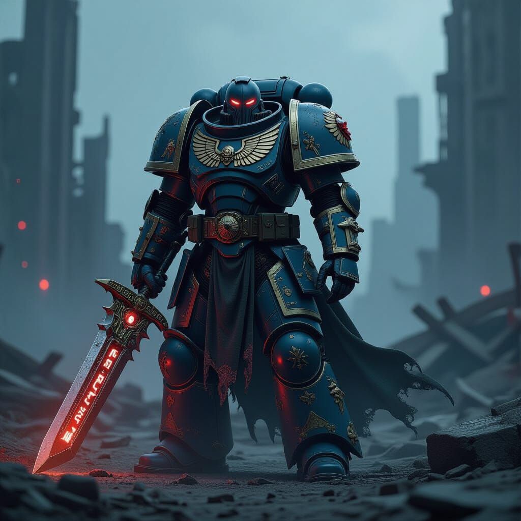 Heroic Warrior in Grimdark Sci-Fi Landscape