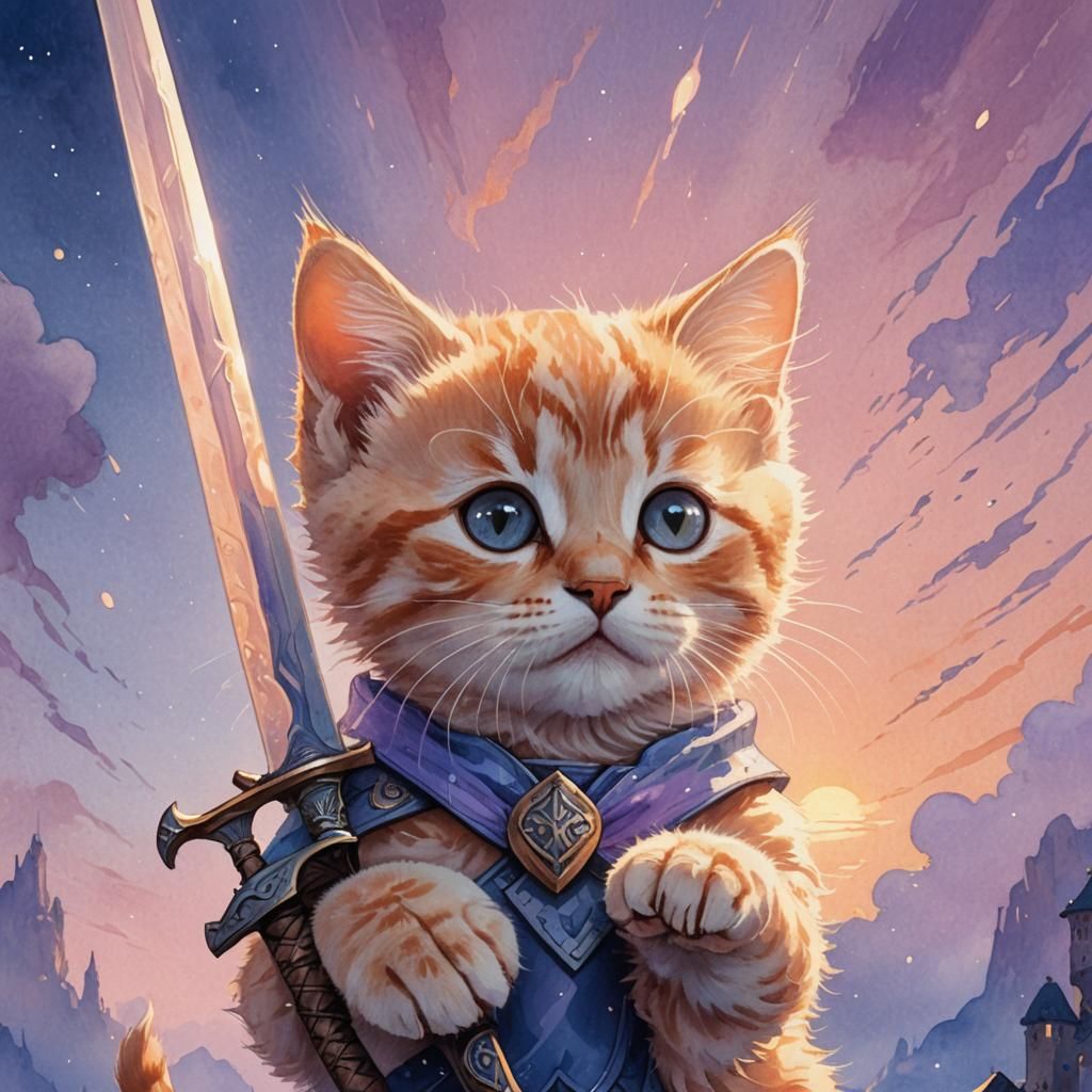 Kitten Hero with Sword in Watercolor Style