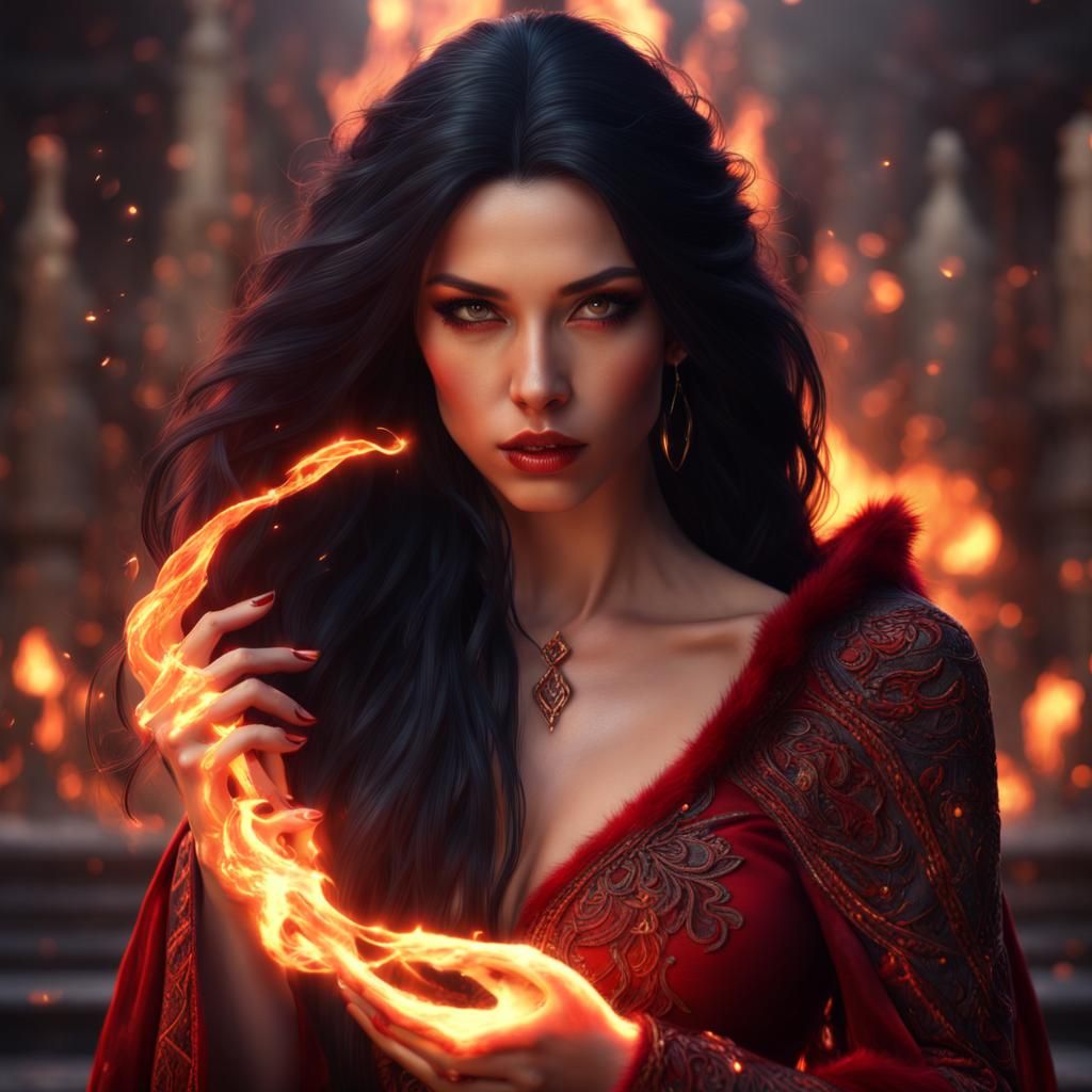 Gorgeous Fire Queen with Black Hair and Flame