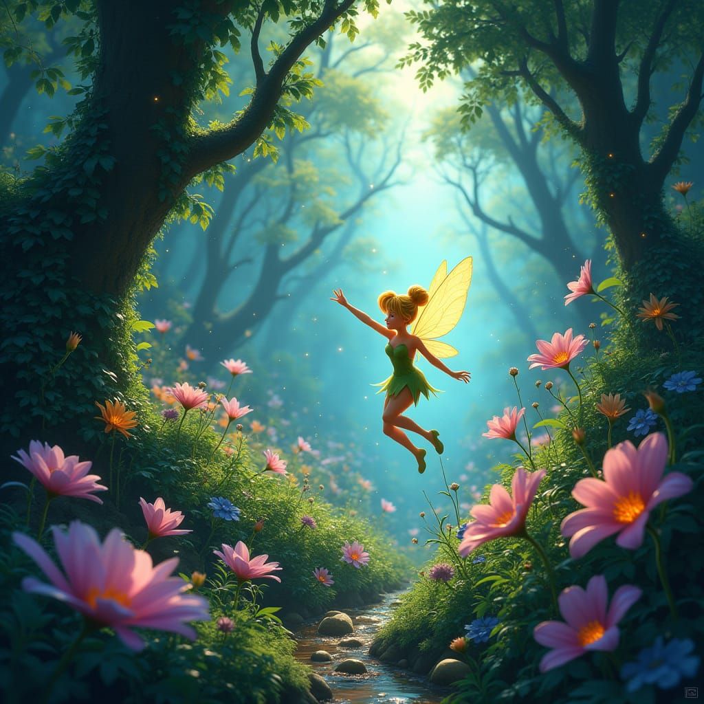 Whimsical Neverland Forest Scene with Tinkerbell and Fairies