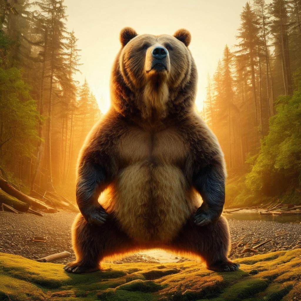 Confident Kodiak Bear Yoga Master in Rainforest