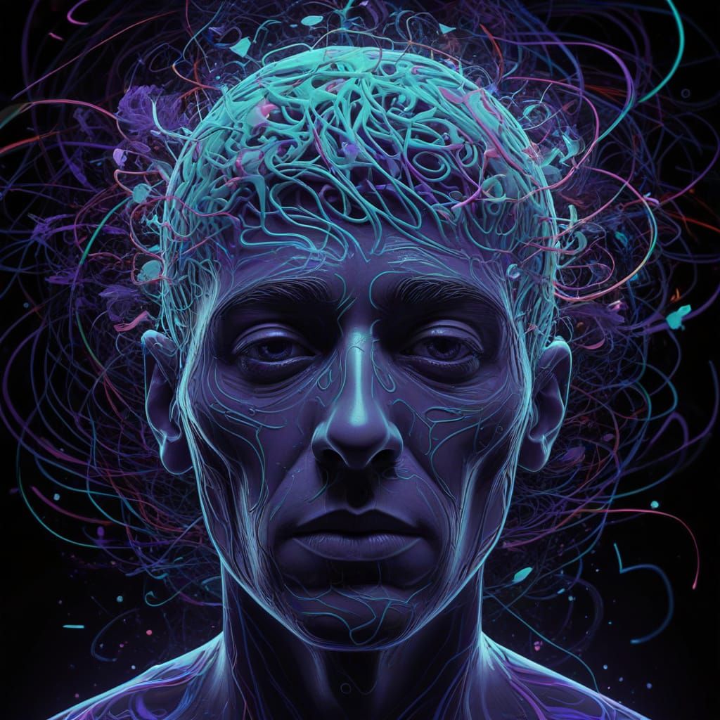 Surreal Head Surrounded by Swirling Thoughts