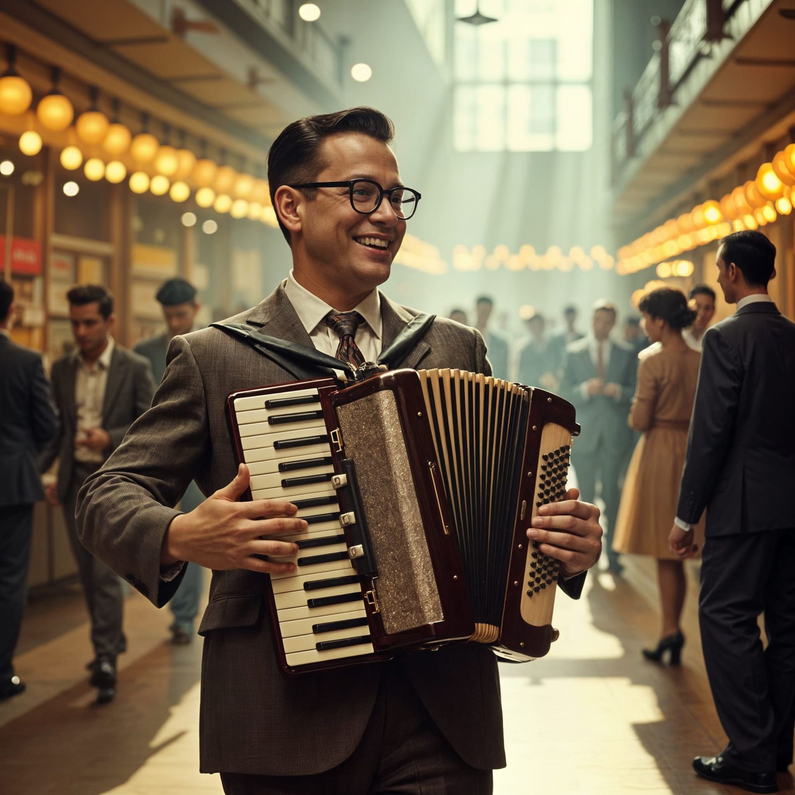 1950s Man Playing Accordion in Department Store