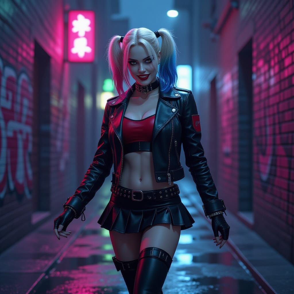 Harley Quinn Dances in Neon Lit Alleyway