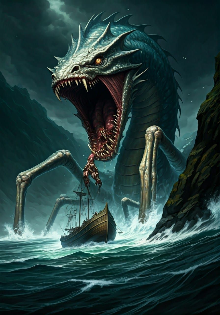 Scylla Attacks Ship in Dark Gothic Style