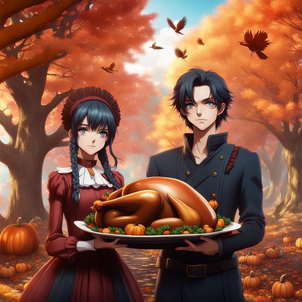 Anime Thanksgiving Couple in Detailed Matte Painting