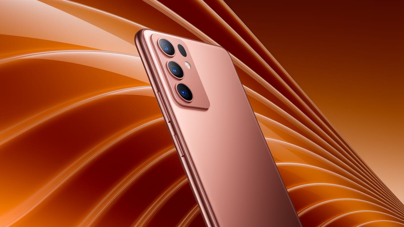 Rose Gold Smartphone with Orange Wave Background