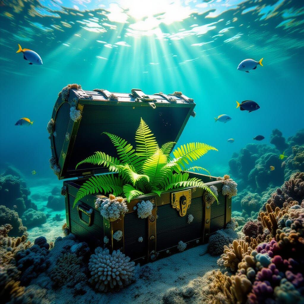 Fern in Sunken Treasure Chest, Underwater Photography