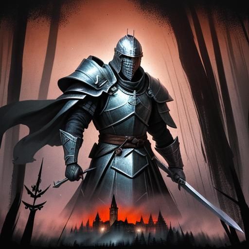 Templar Knight Double Exposure in Manhwa Comic Style