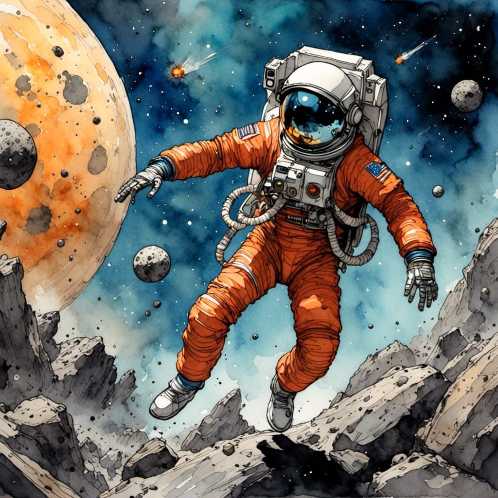 Astronaut Navigating Asteroid Field with Fuelled Aesthetic