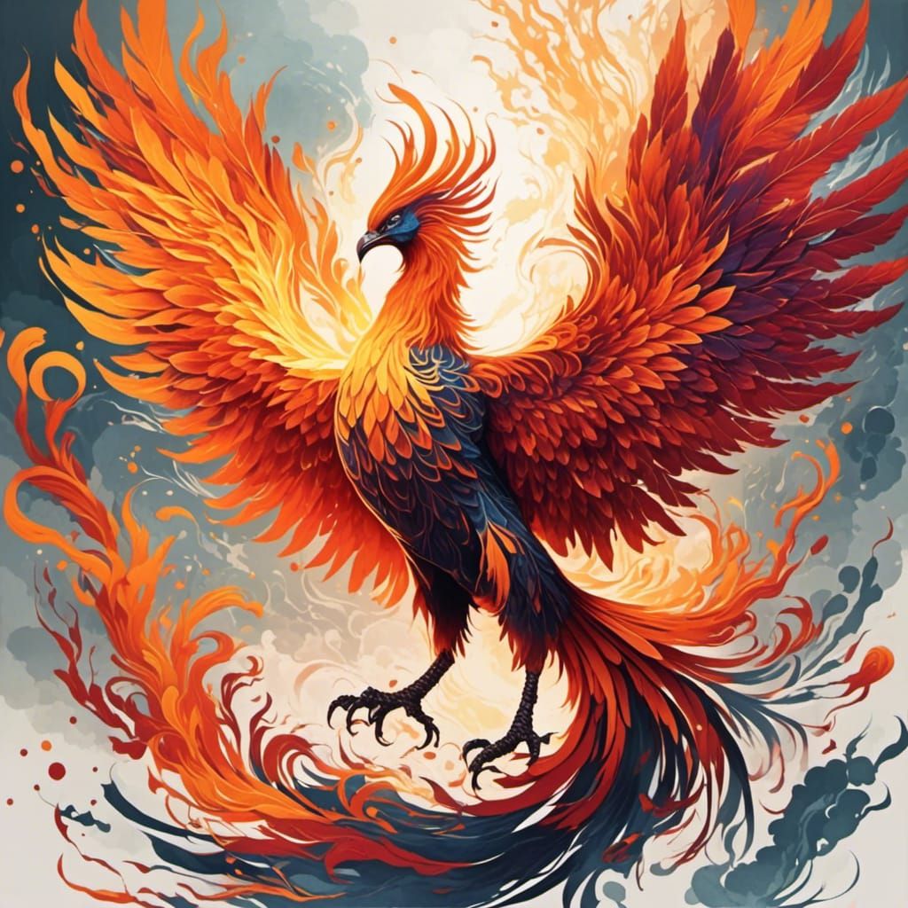 Fiery Phoenix Rising from Ashes in Glory