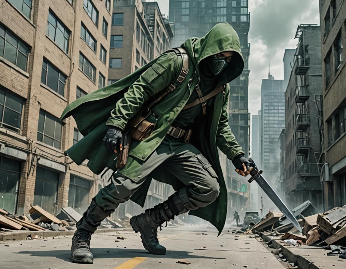 Green Hooded Vigilante on City Rooftop