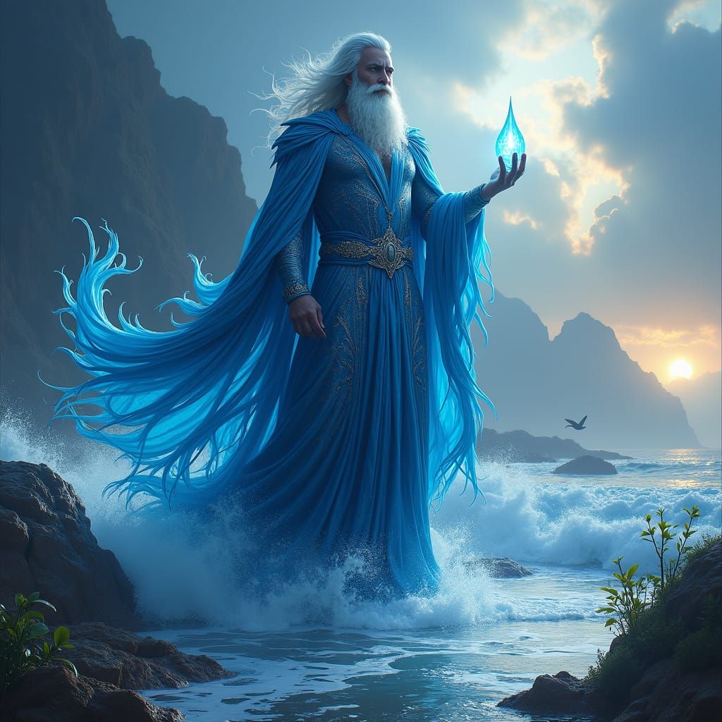 Majestic Sea-God in Shimmering Sapphire Robes