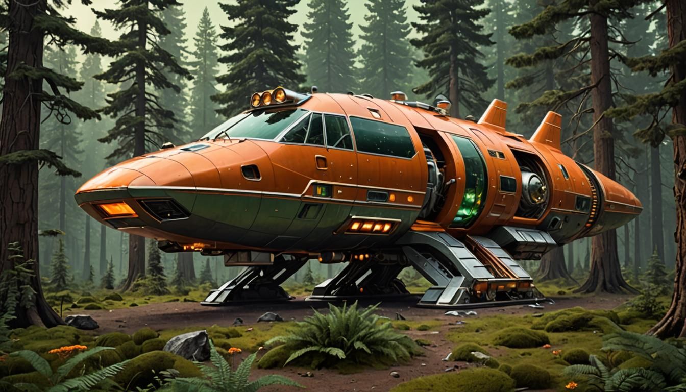 Steampunk Winnebago Starship Near Ringed Planet