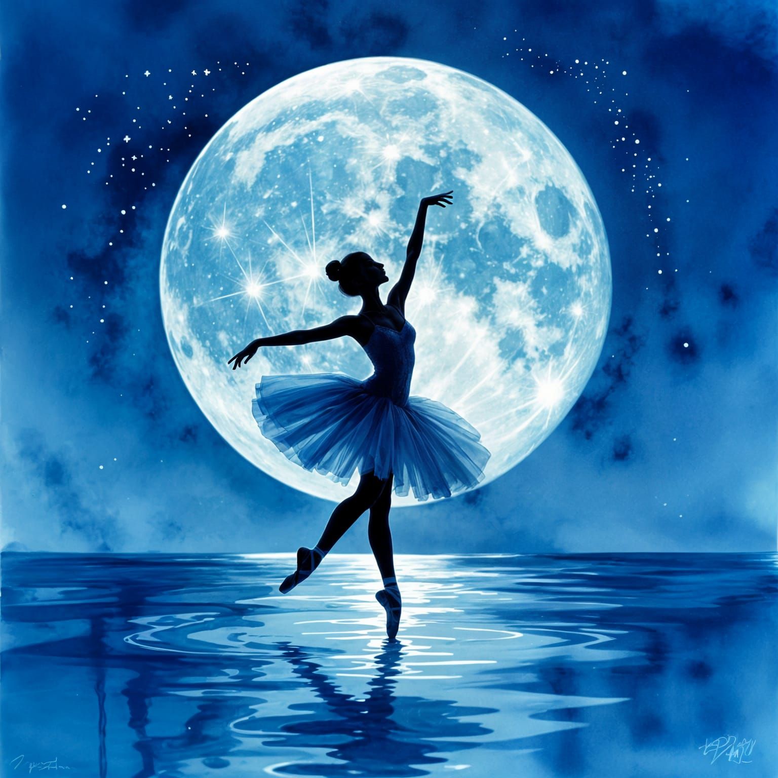Ballerina of Ink Stains Dances on Silver Moonlit Sea