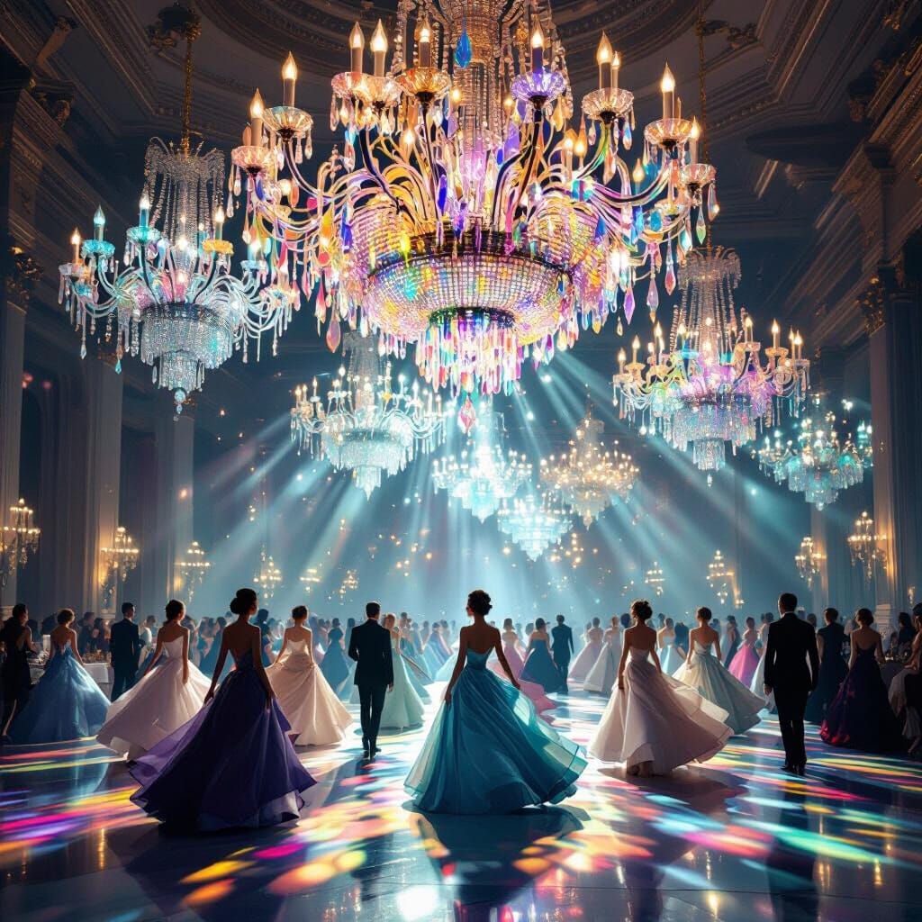 Sea Glass Chandeliers Illuminate Grand Ballroom with Dancers