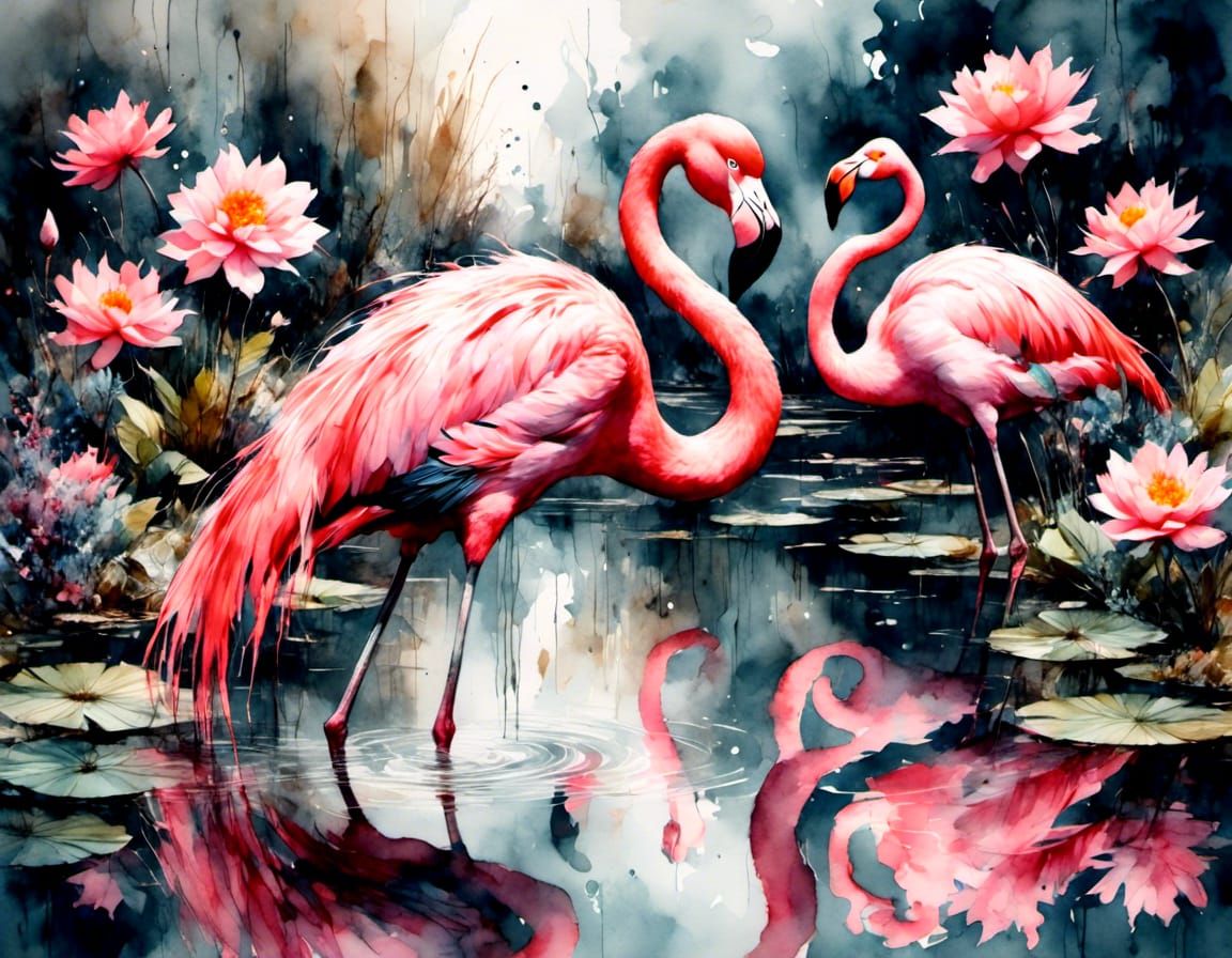 Flamingo in Pond: Oil and Watercolor
