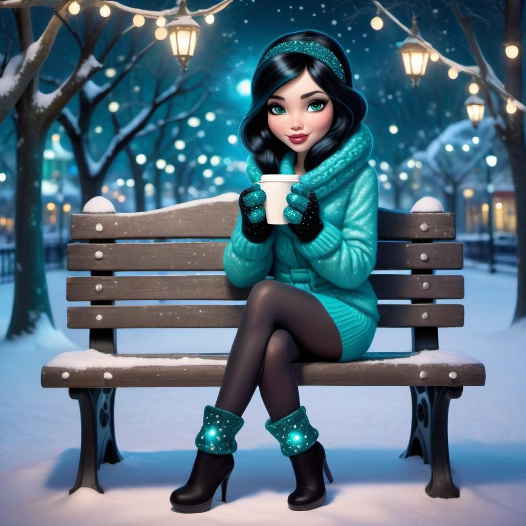 Disney Pixar style 3D beautiful woman with black hair, wearing teal glittery sparkly mittens, sitting on a park bench in...