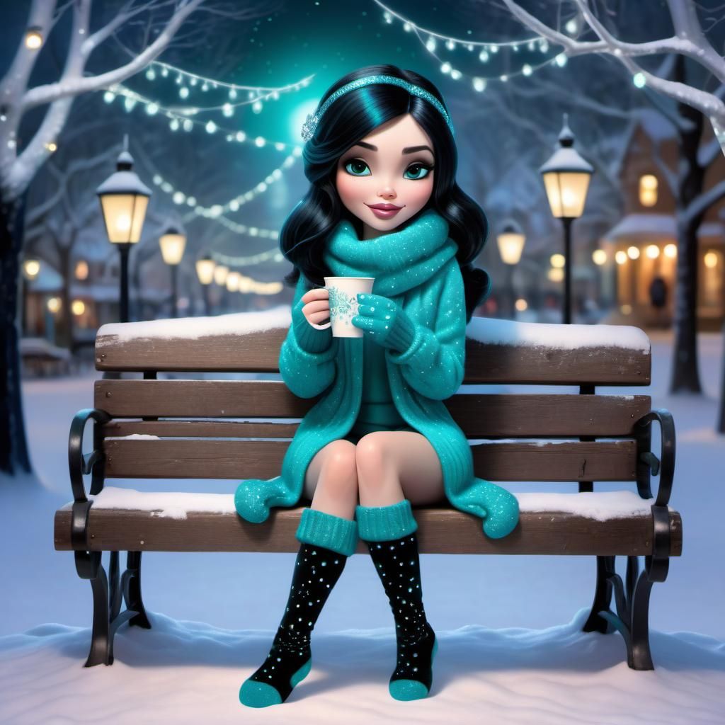 Disney Pixar style 3D beautiful woman with black hair, wearing teal glittery sparkly mittens, sitting on a park bench in...