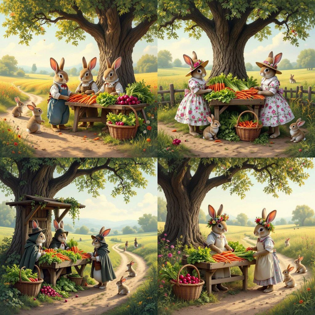 Ethereal Rabbit Market Under an Oak Tree