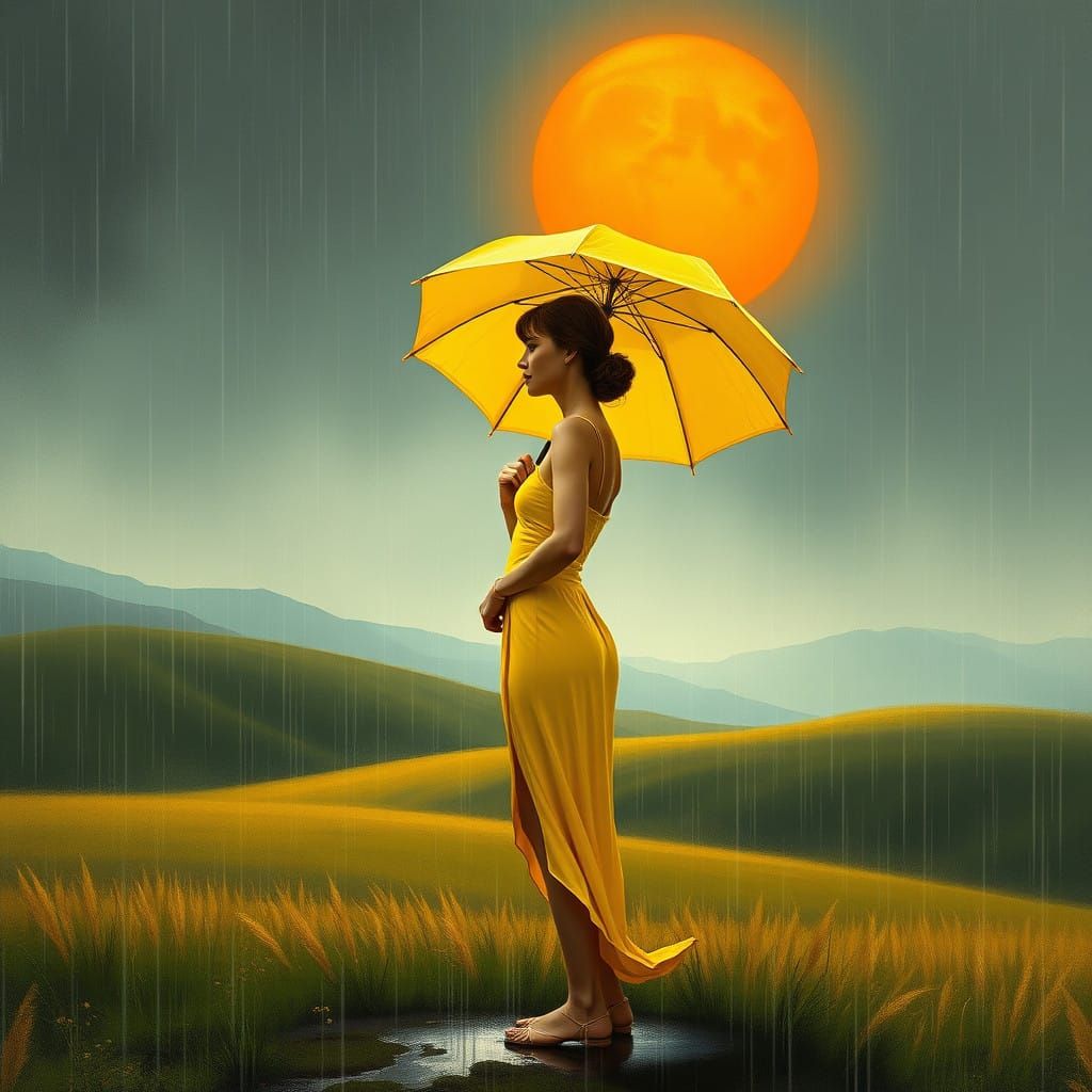 Woman in Yellow Sundress Under Umbrella in Rainy Landscape w...