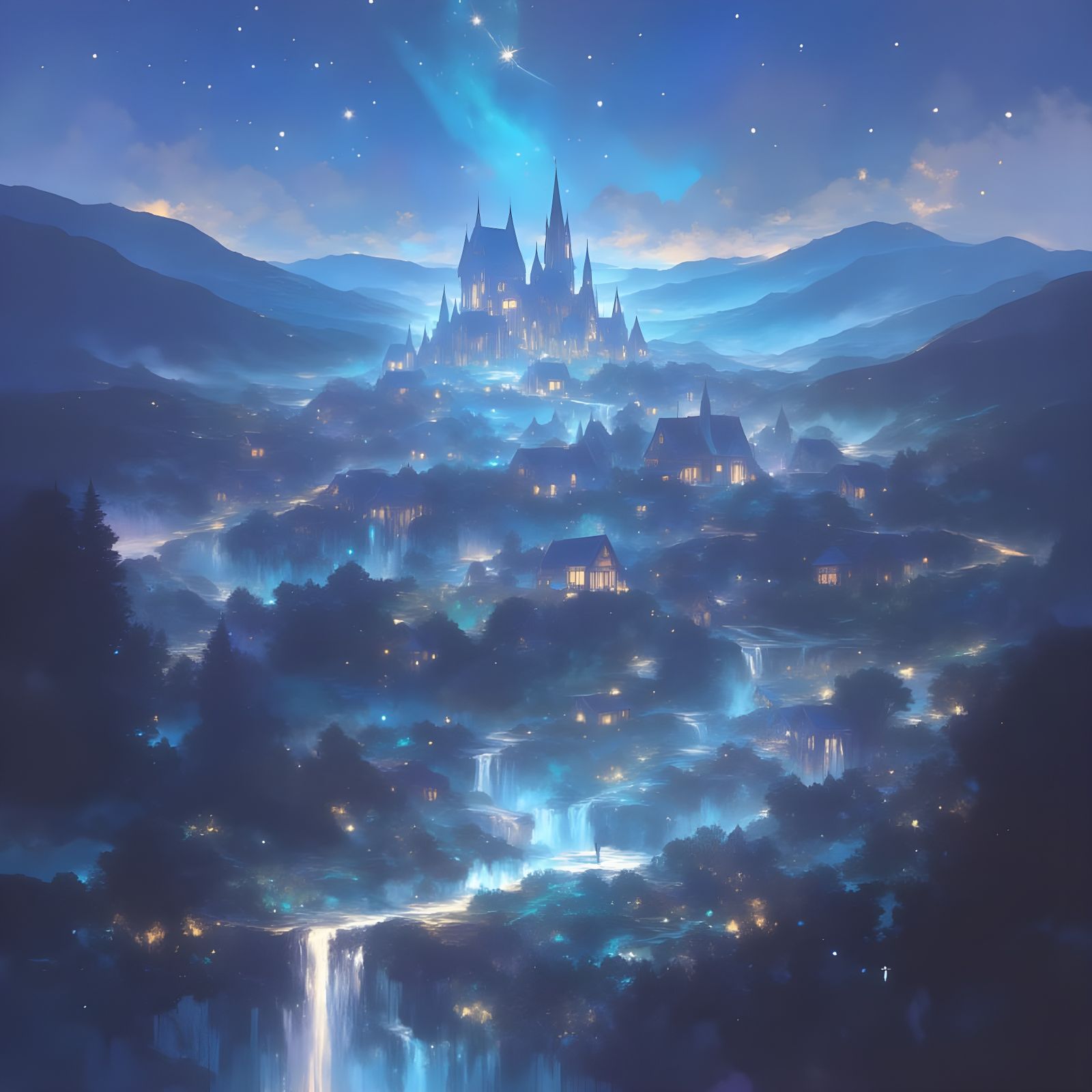 Dreamy Medieval Village in a Vibrant Twilight Sky