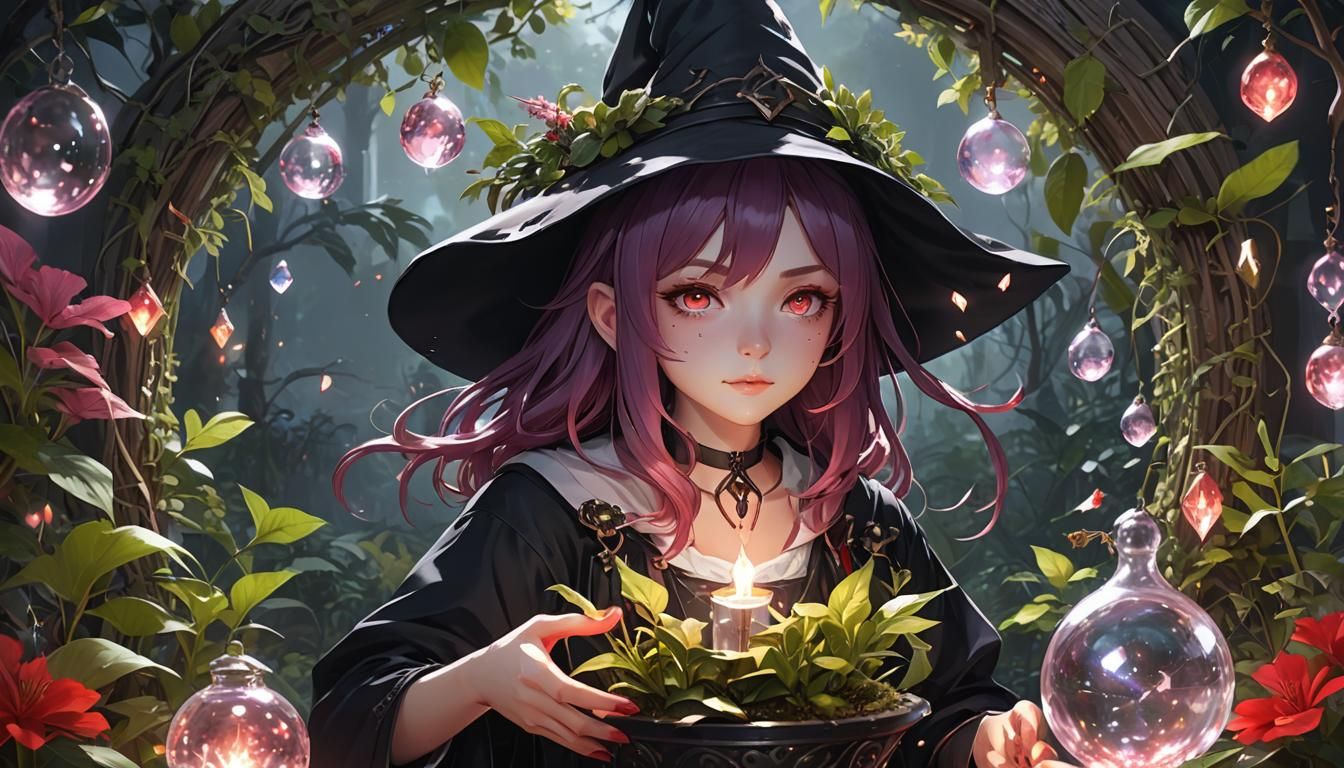 Anime Witch Infusing Plants With Magic
