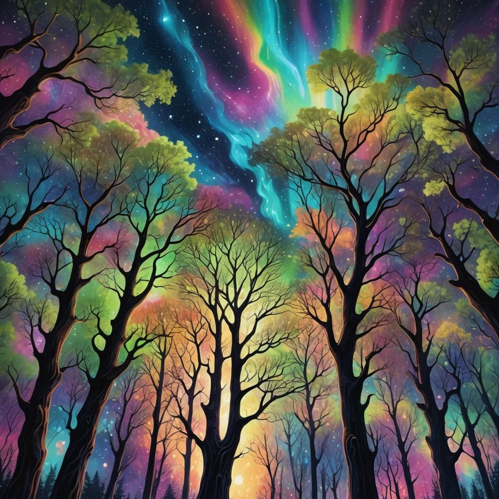Cosmic Trees in Astral Plane Mixed Media Illustration