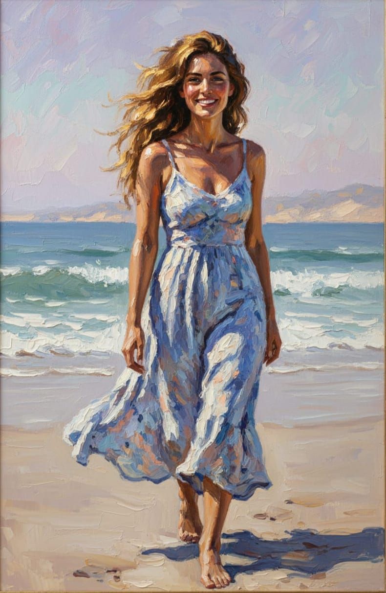 Impressionistic Beach Scene: Woman in Sun Dress