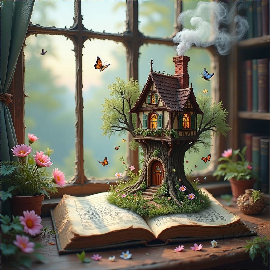 Enchanted Library Scene in Impasto Style