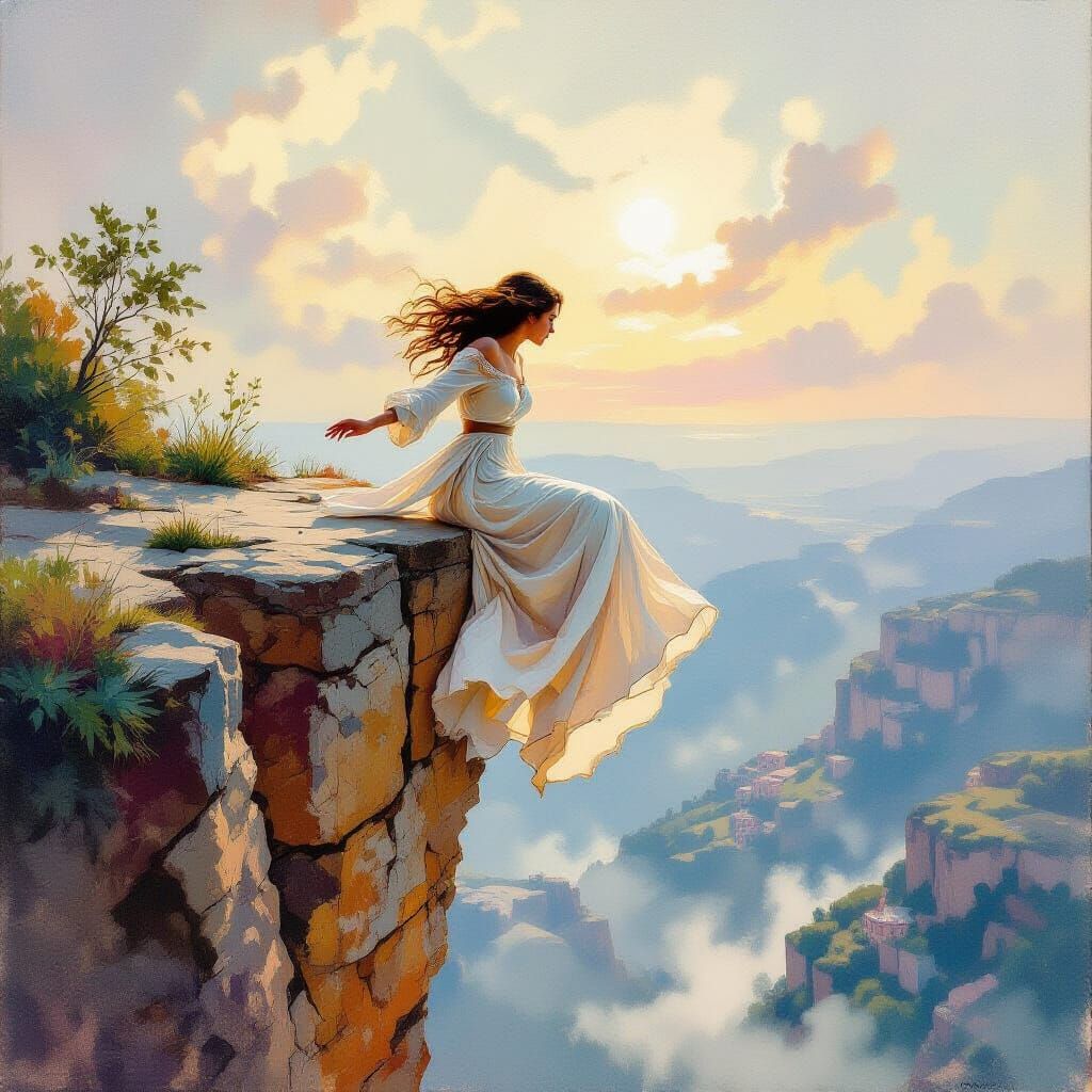 Woman Falling Head First Off Cliff in Flowing Dress