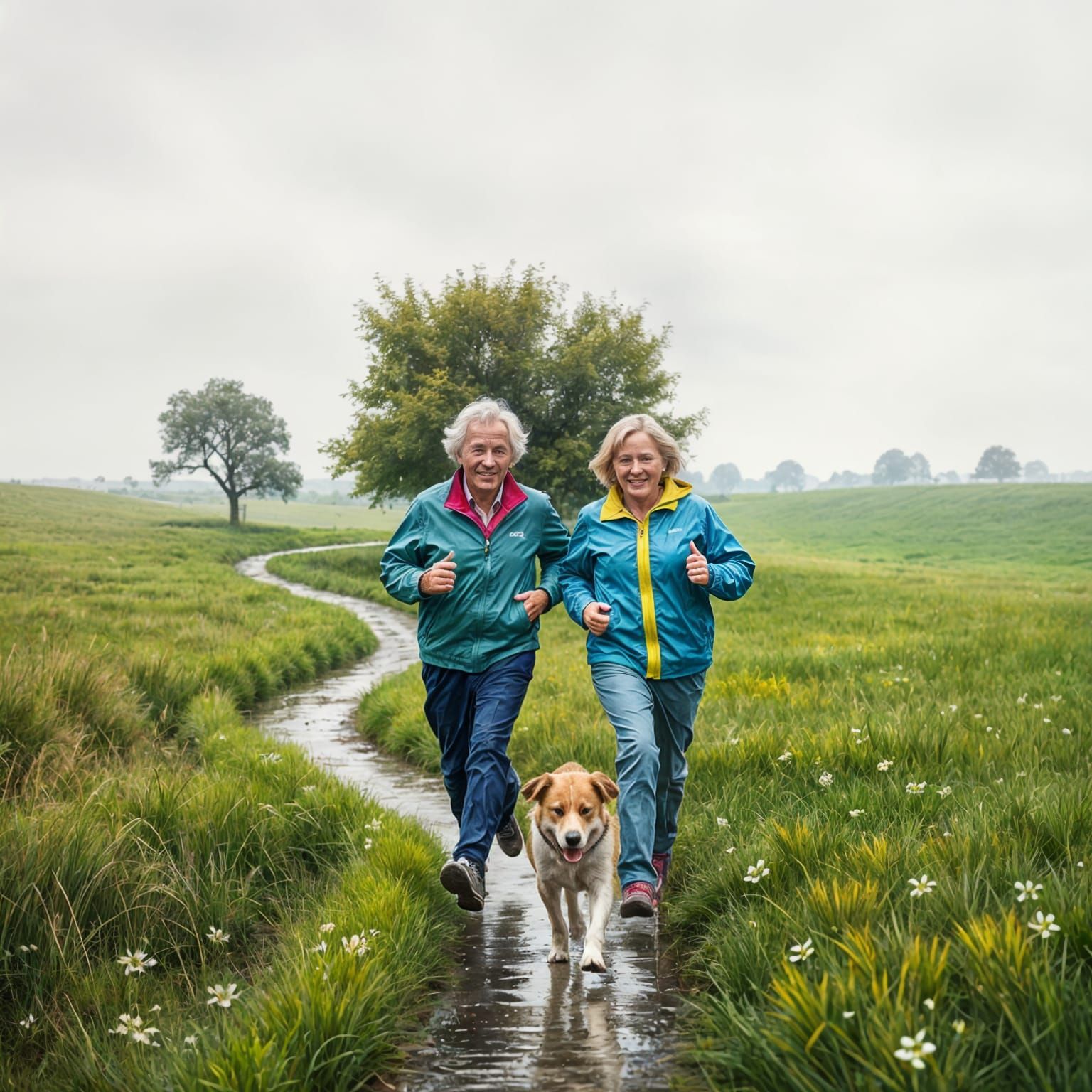 Smiling Couple Jogging in Countryside Rain with Dog