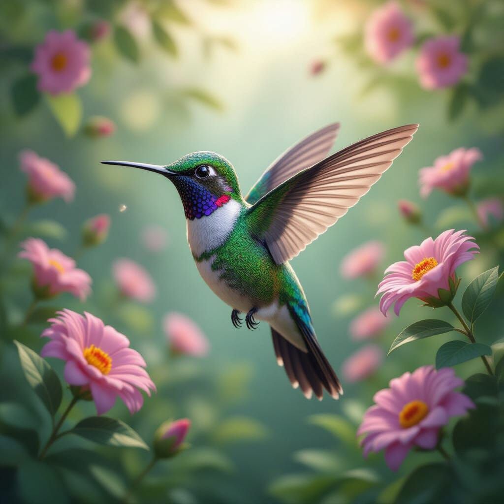 Hummingbird in Magical Garden: Anime-Inspired 3D Art