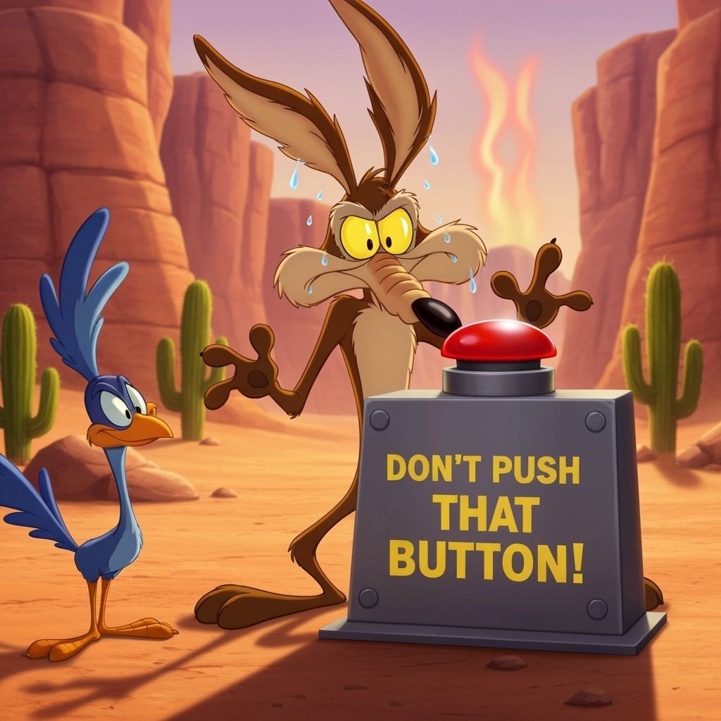 Wile E. Coyote's Button Dilemma in Cartoon Style