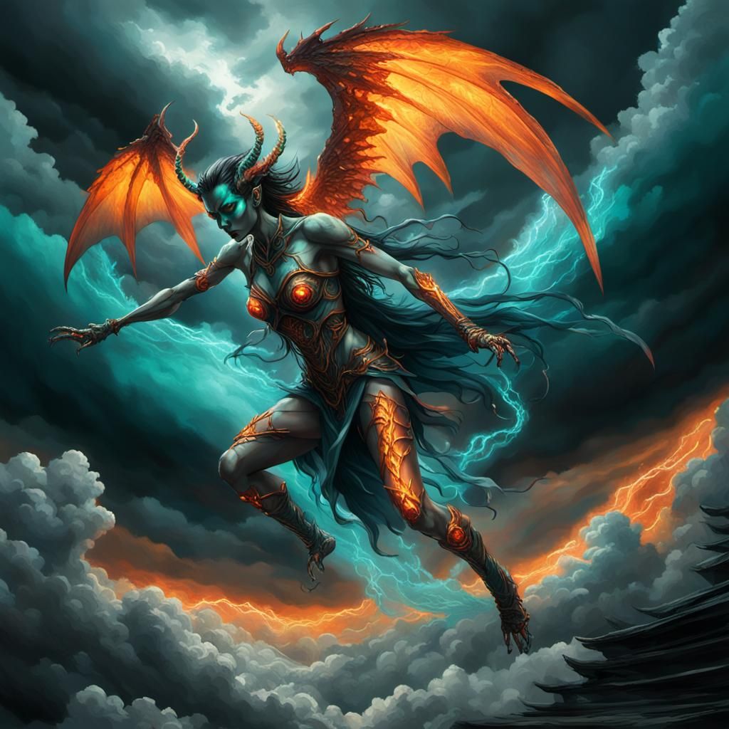 Falling Demon Woman in Dark Fantasy Style