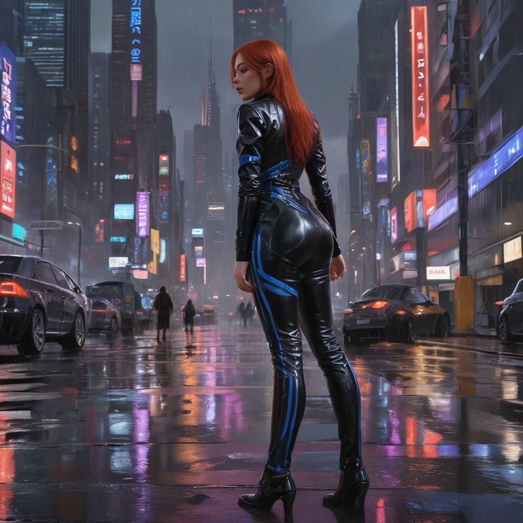 Cyberpunk Girl in Rainy Cityscape at Dusk