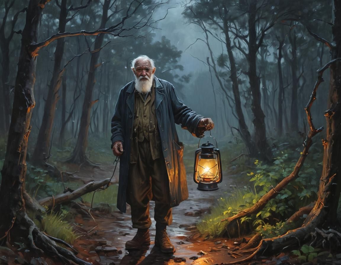 Old Man in Forest with Lantern, Impressionist Painting