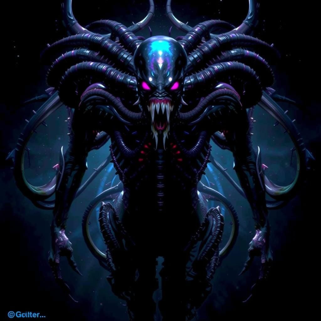 Grotesque Xenomorph-Predator Hybrid in Biomechanical Landsca...