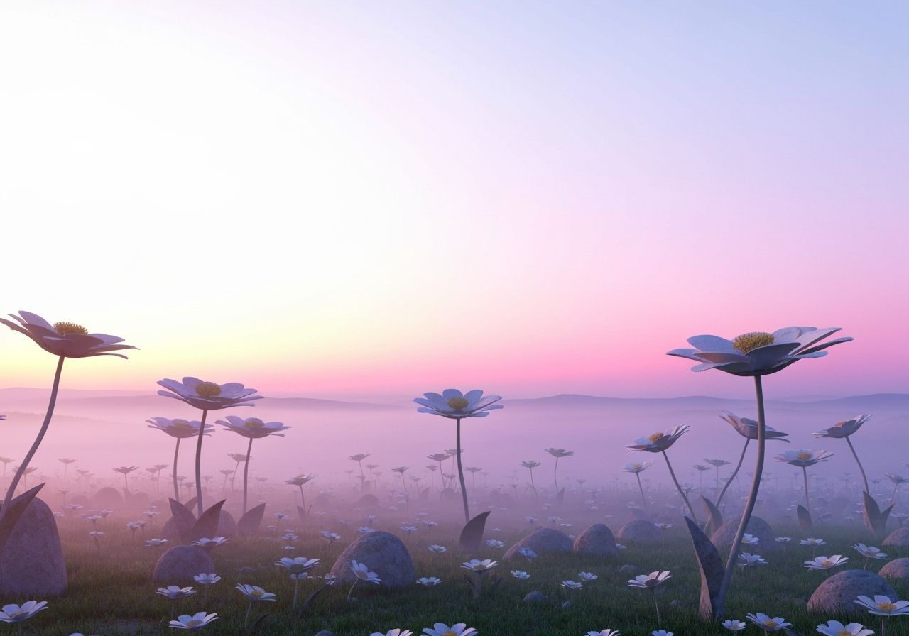 Stone Wildflowers in Mystical Foggy Sunrise Landscape