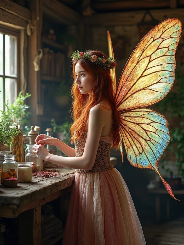 Fairy Preparing Magic Remedies in Cozy Cottage
